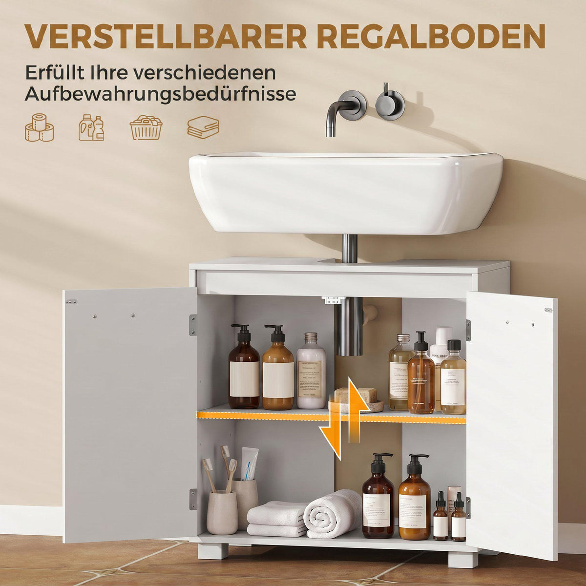 White Bathroom Sink Cabinet with Adjustable Shelf, 60x30x60 cm