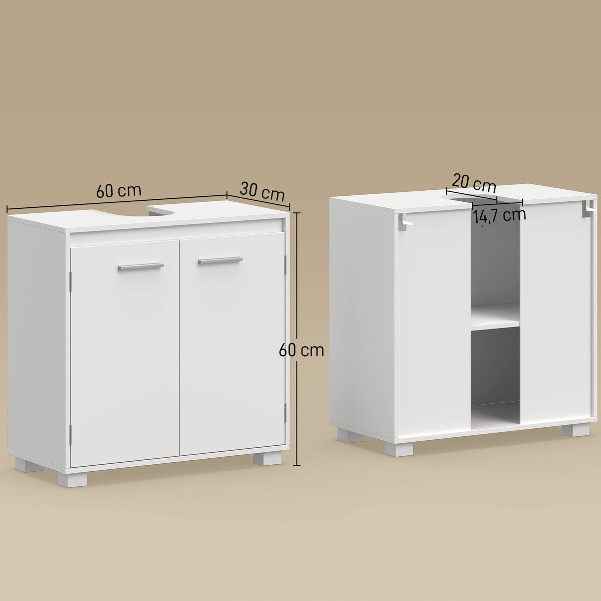 White Bathroom Sink Cabinet with Adjustable Shelf, 60x30x60 cm