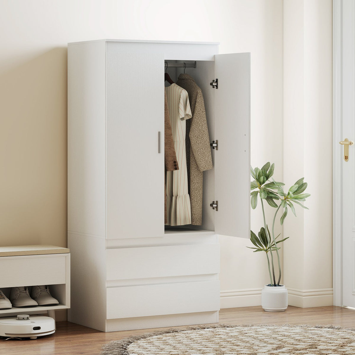 White Bedroom Wardrobe – 2 Doors, 2 Drawers, 3 Shelves