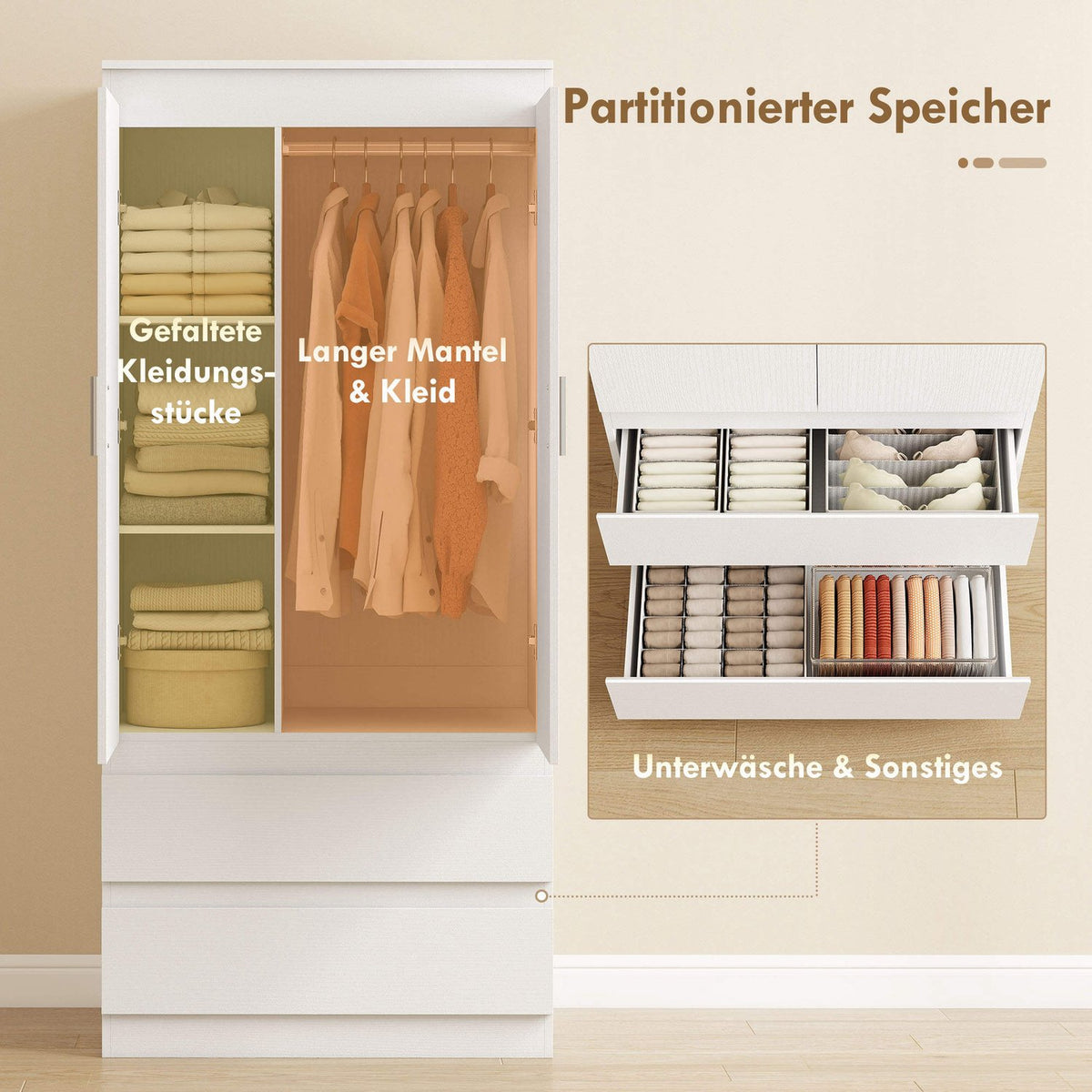 White Bedroom Wardrobe – 2 Doors, 2 Drawers, 3 Shelves