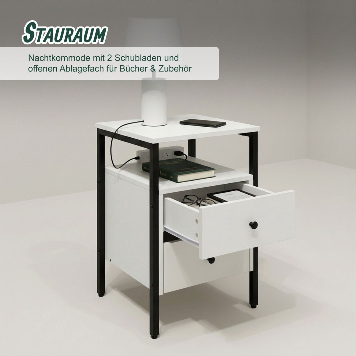 White Bedside Table with 2 Drawers, 61x40x40 cm