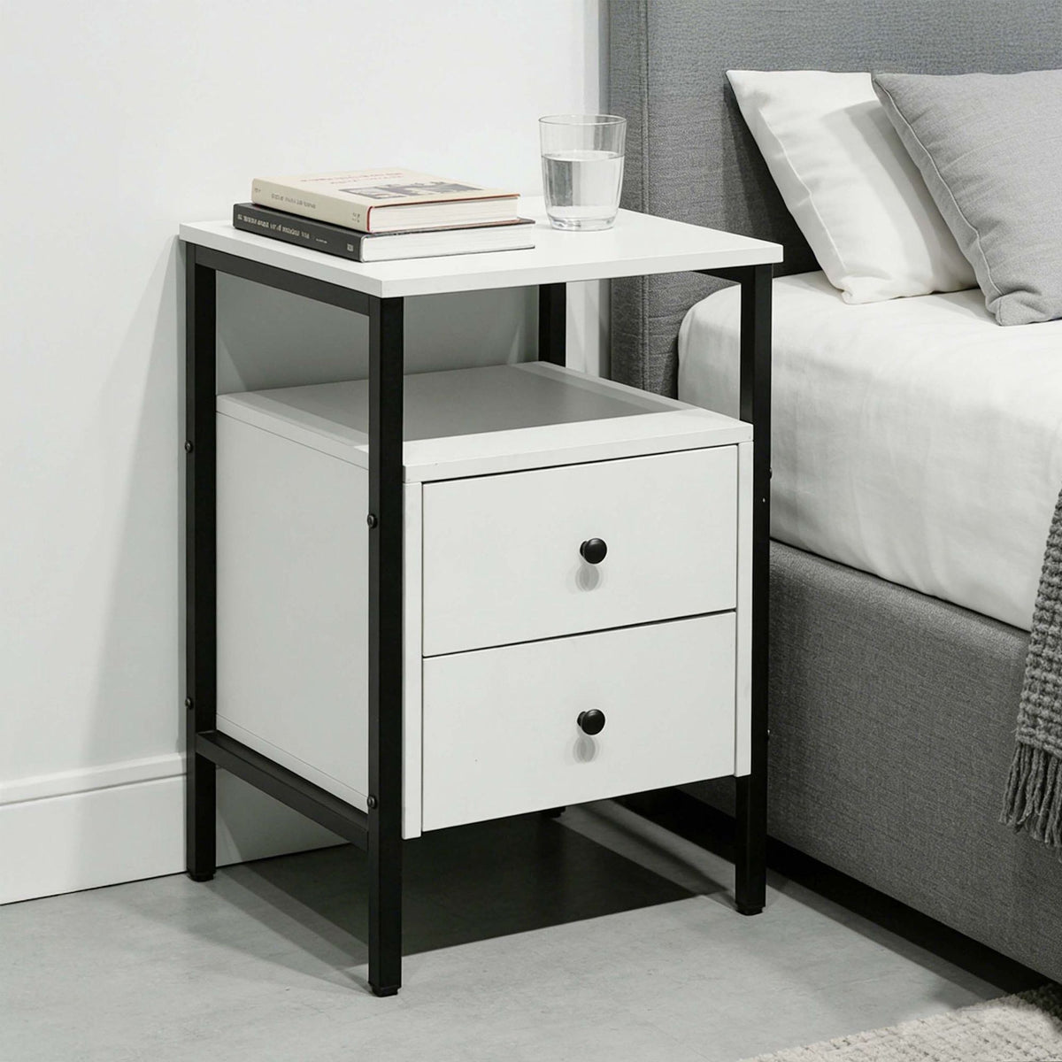 White Bedside Table with 2 Drawers, 61x40x40 cm