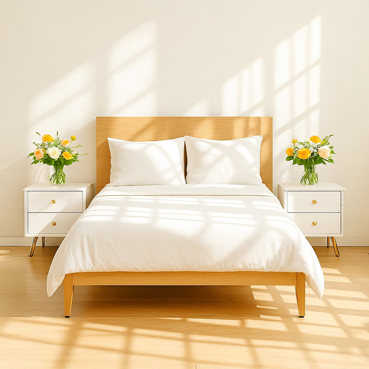 White Bedside Table with Gold Legs, 2 Drawers