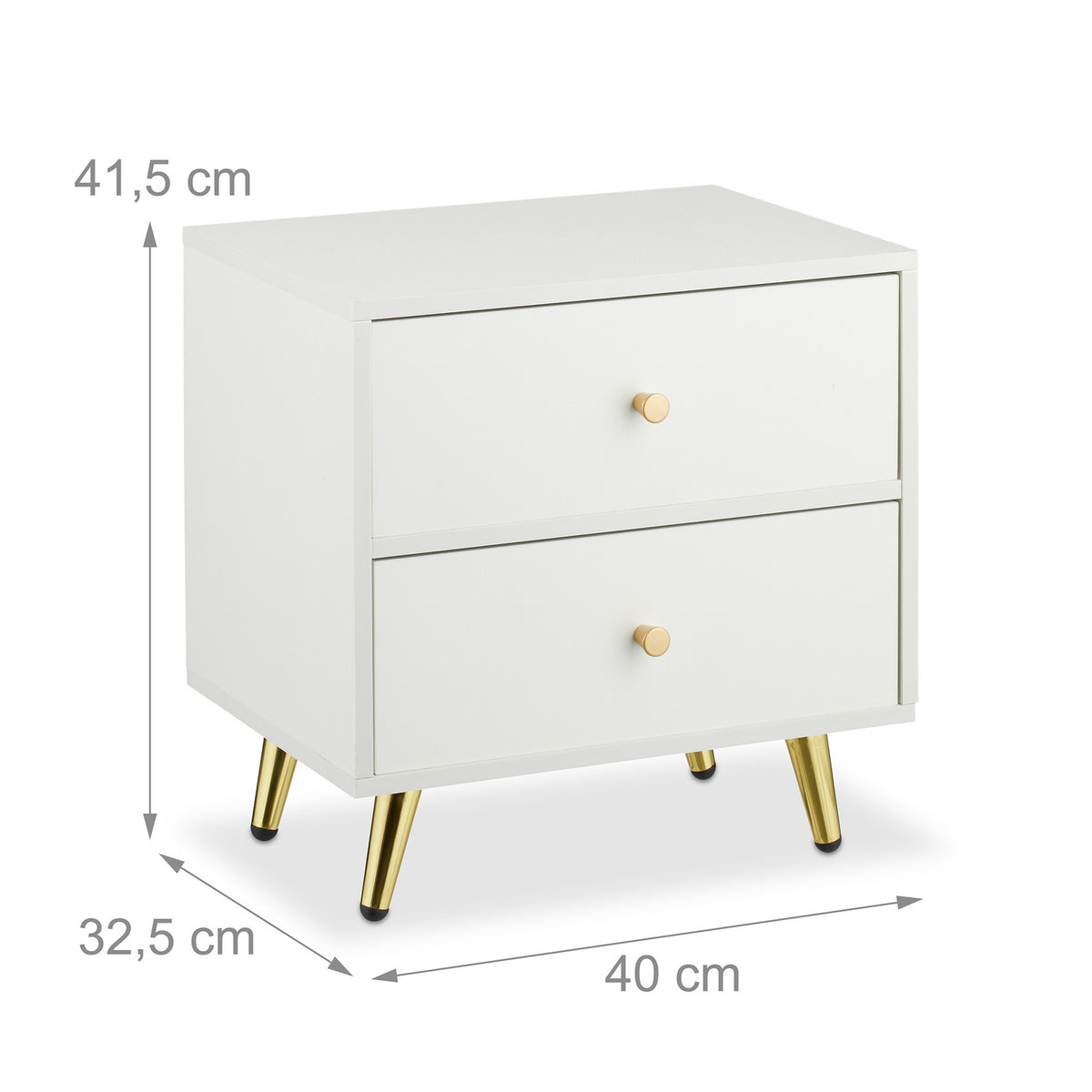 White Bedside Table with Gold Legs, 2 Drawers