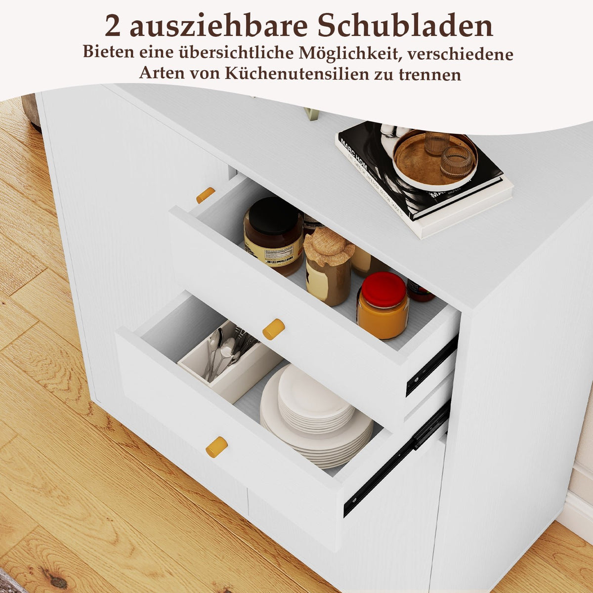 White Buffet Cabinet with 2 Drawers & Adjustable Shelves