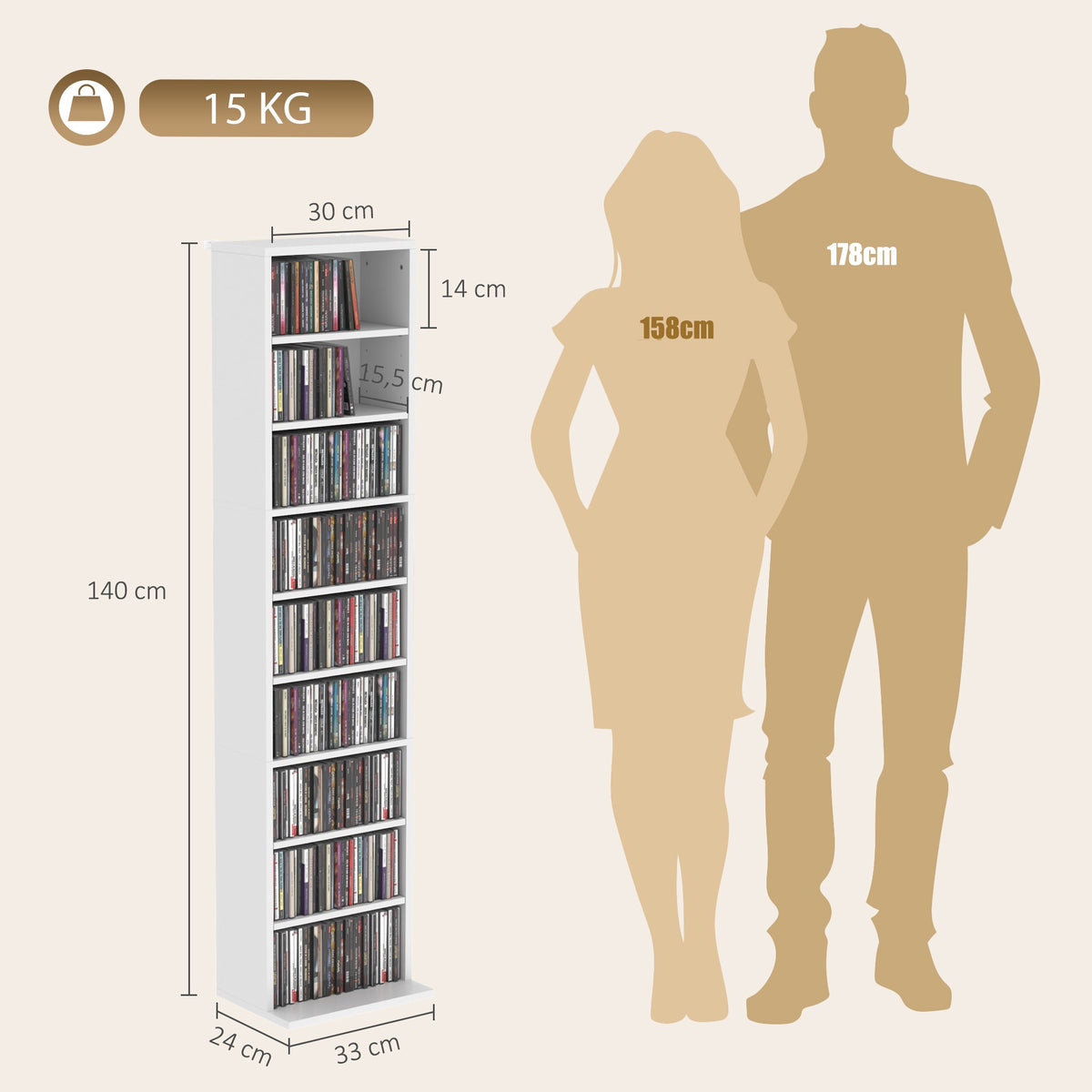 White CD/DVD Shelf, 9 Levels, Adjustable Storage for 260 CDs