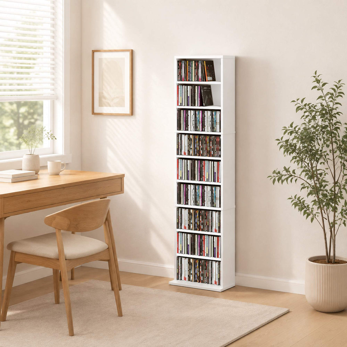 White CD/DVD Shelf, 9 Levels, Adjustable Storage for 260 CDs