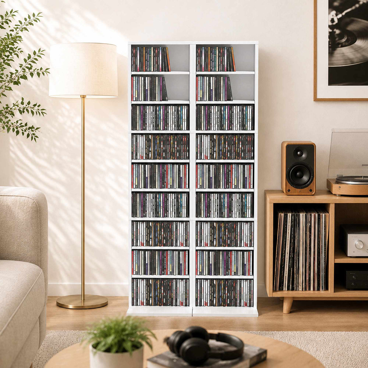 White CD/DVD Shelf, 9 Levels, Adjustable Storage for 260 CDs