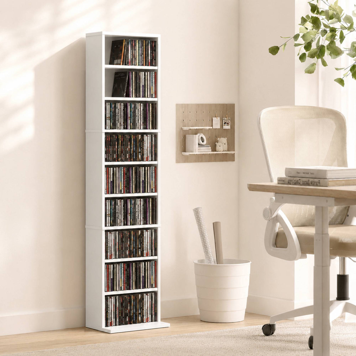 White CD/DVD Shelf, 9 Levels, Adjustable Storage for 260 CDs