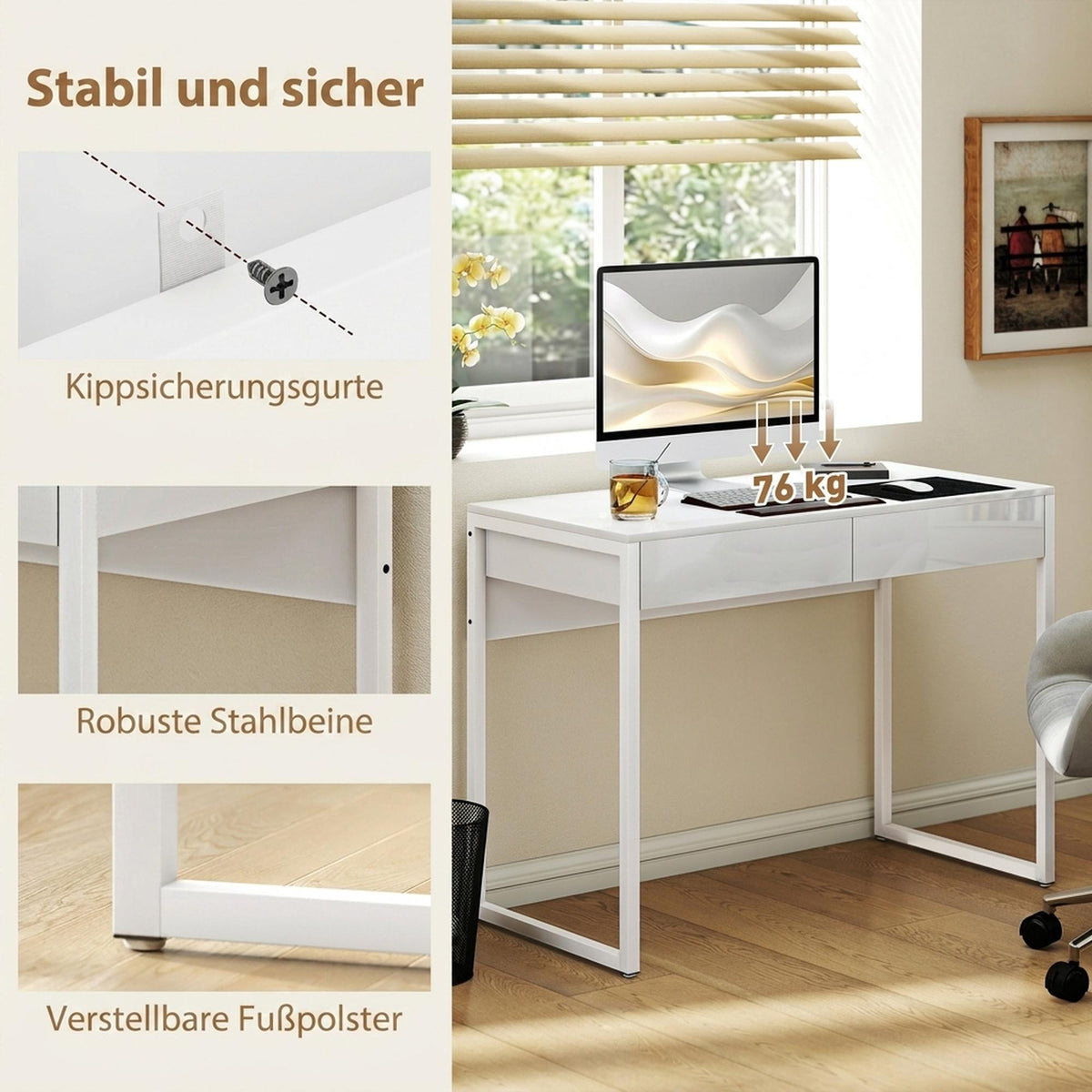 White Desk 100x50 cm with 2 Drawers for Small Spaces