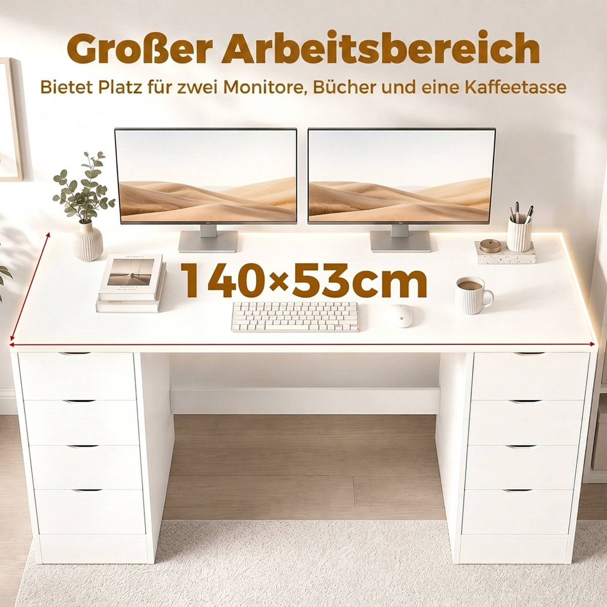 White Desk with 8 Drawers, 140 cm – Modern Office Storage
