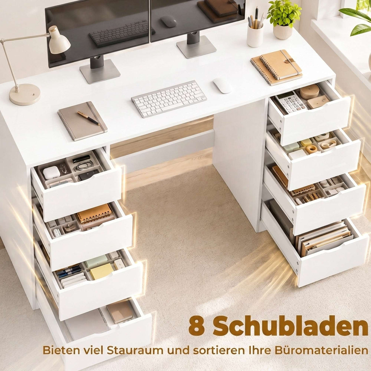 White Desk with 8 Drawers, 140 cm – Modern Office Storage