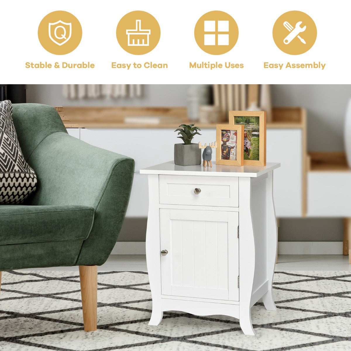 White End Table With Drawer And Door Cabinet, MDF