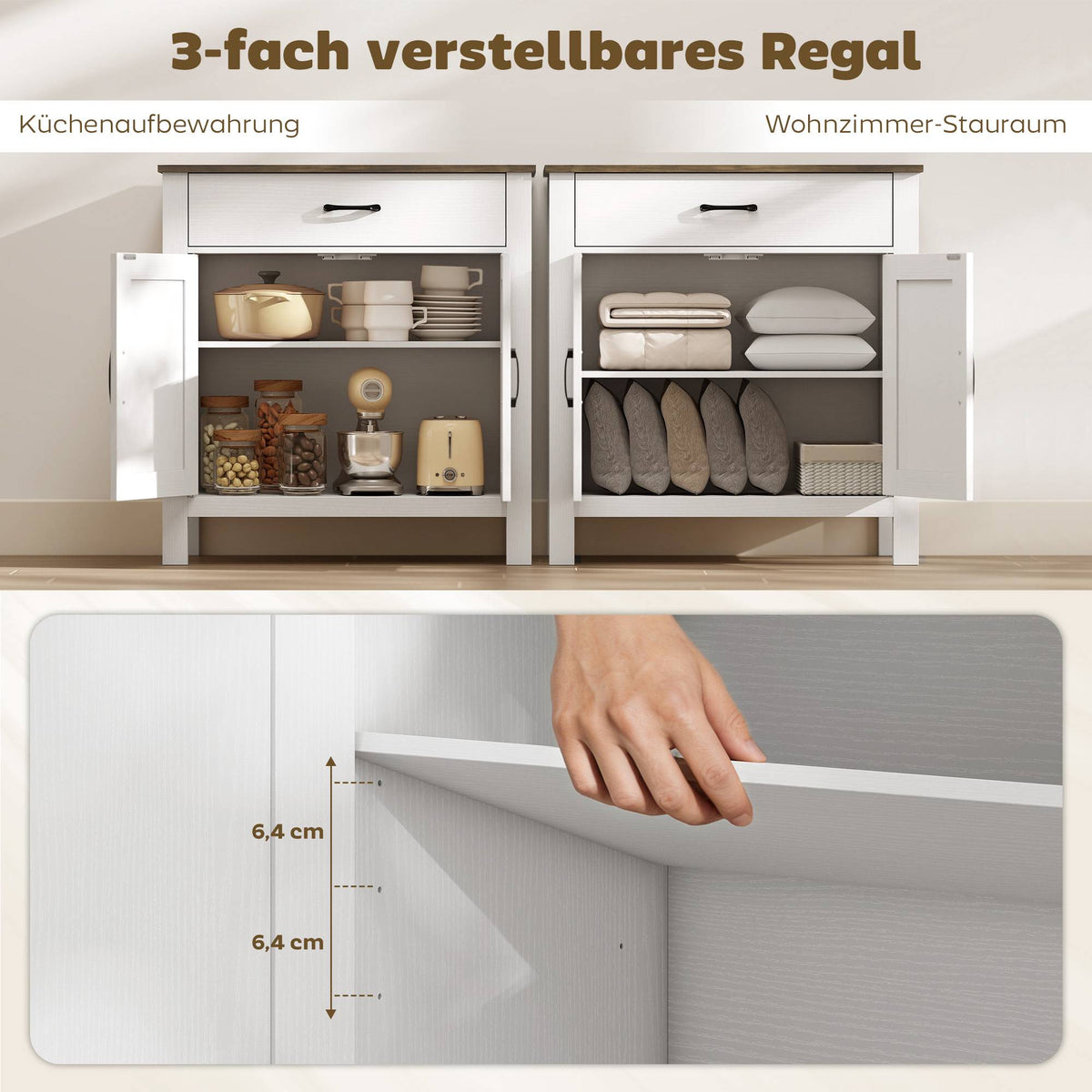 White Farmhouse Sideboard with Sliding Doors and Adjustable Shelf