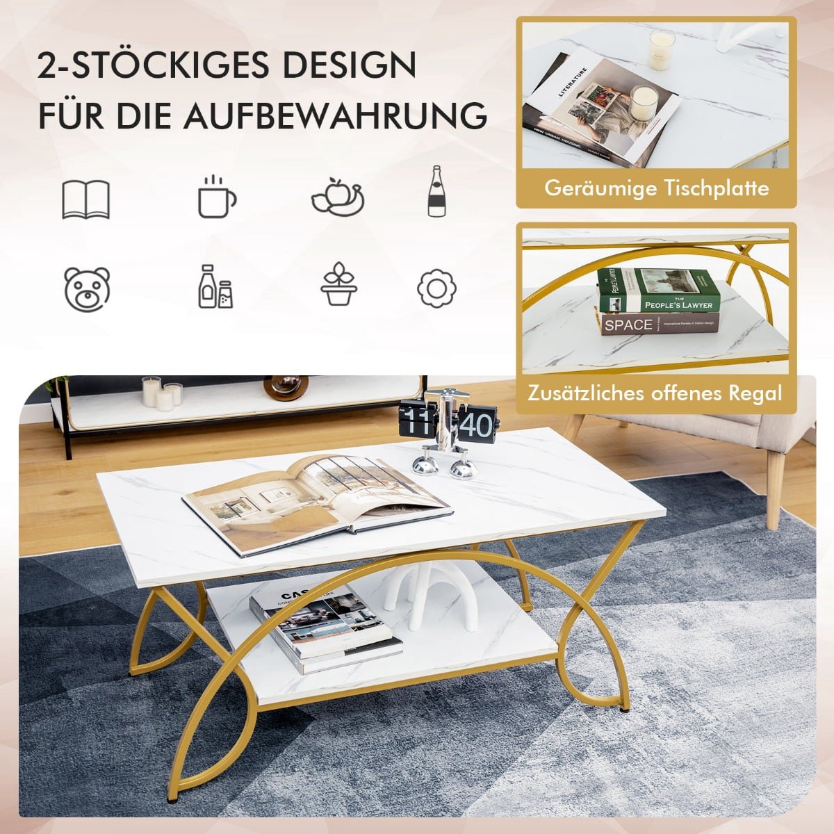 White Faux Marble Coffee Table, 2-Tier, Gold Legs, 100x50x45 cm