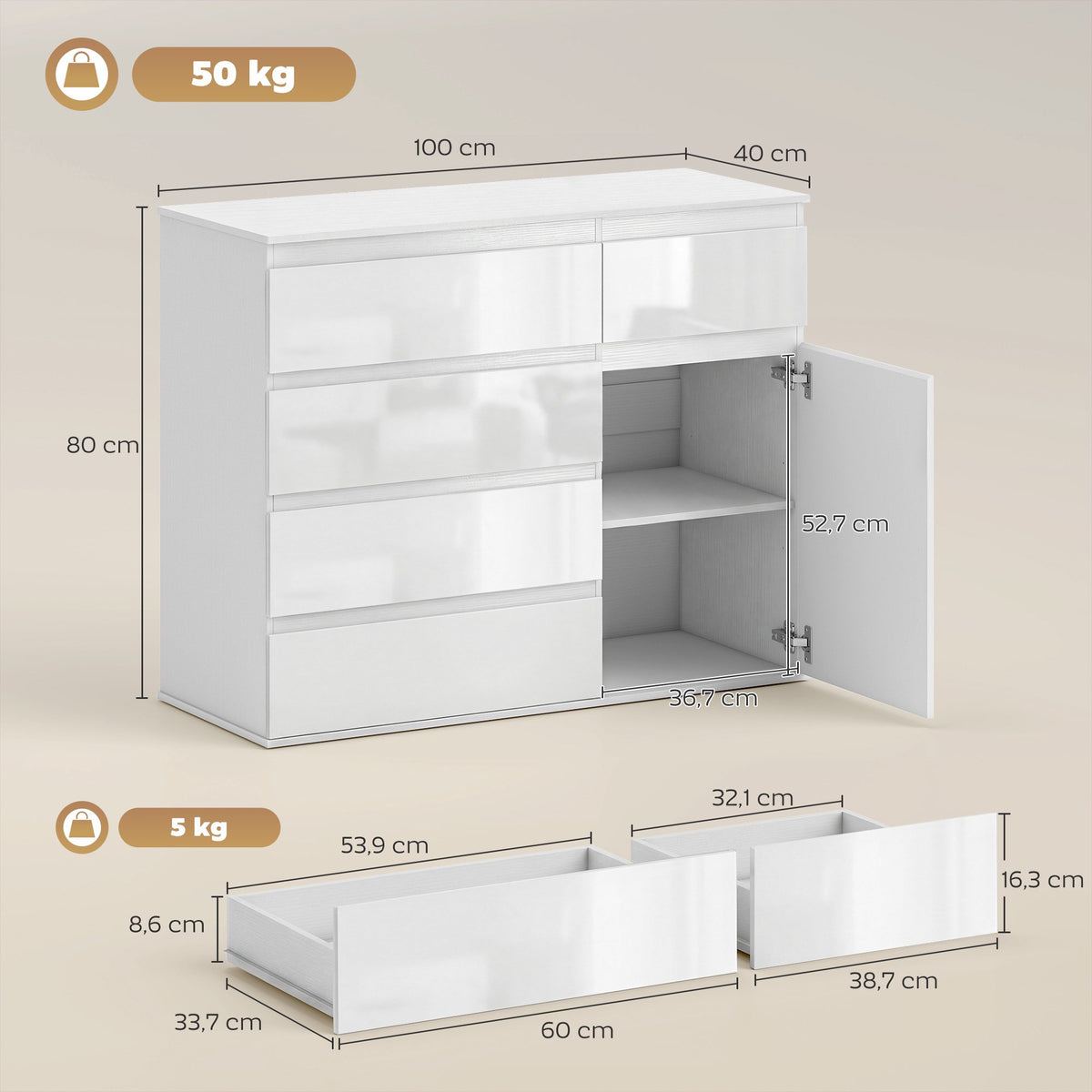 White Gloss Sideboard with 5 Drawers and Adjustable Shelf