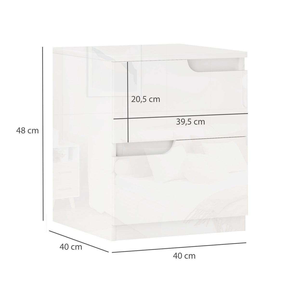 White High-Gloss Nightstand with Drawers, 40x40x48 cm