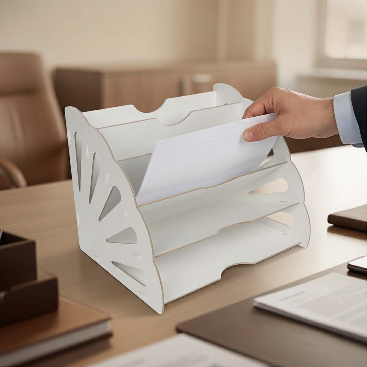 White MDF Desk Organiser with 5 Angled Slots