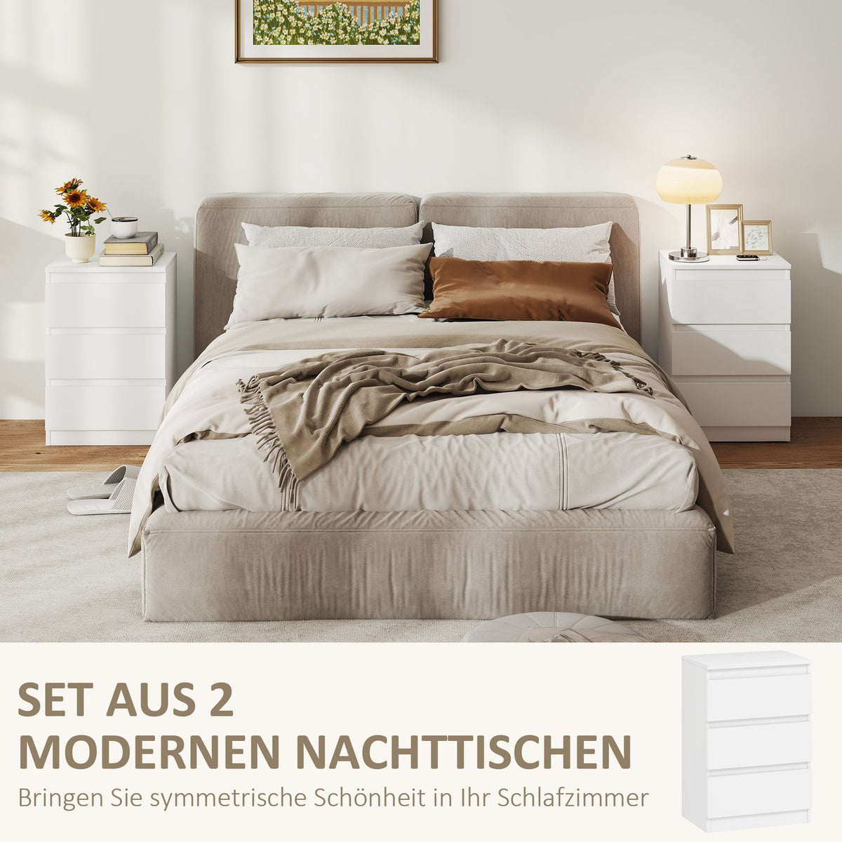 White MDF Nightstands Set of 2 with 3 Drawers