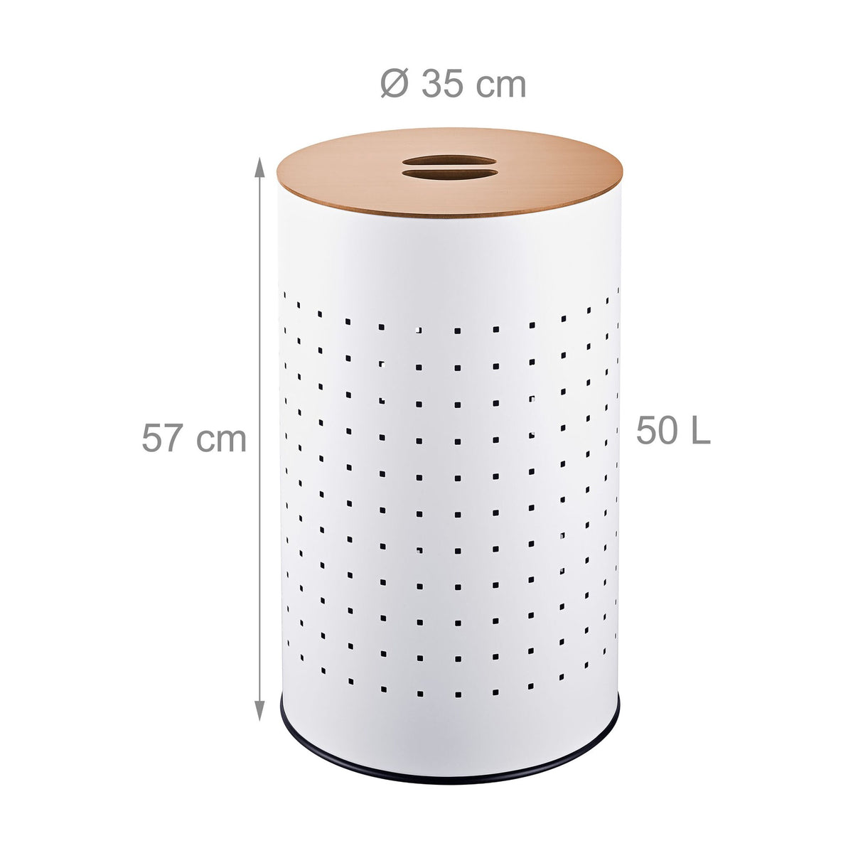 White Metal Laundry Bin with Wood Lid, 50L Capacity