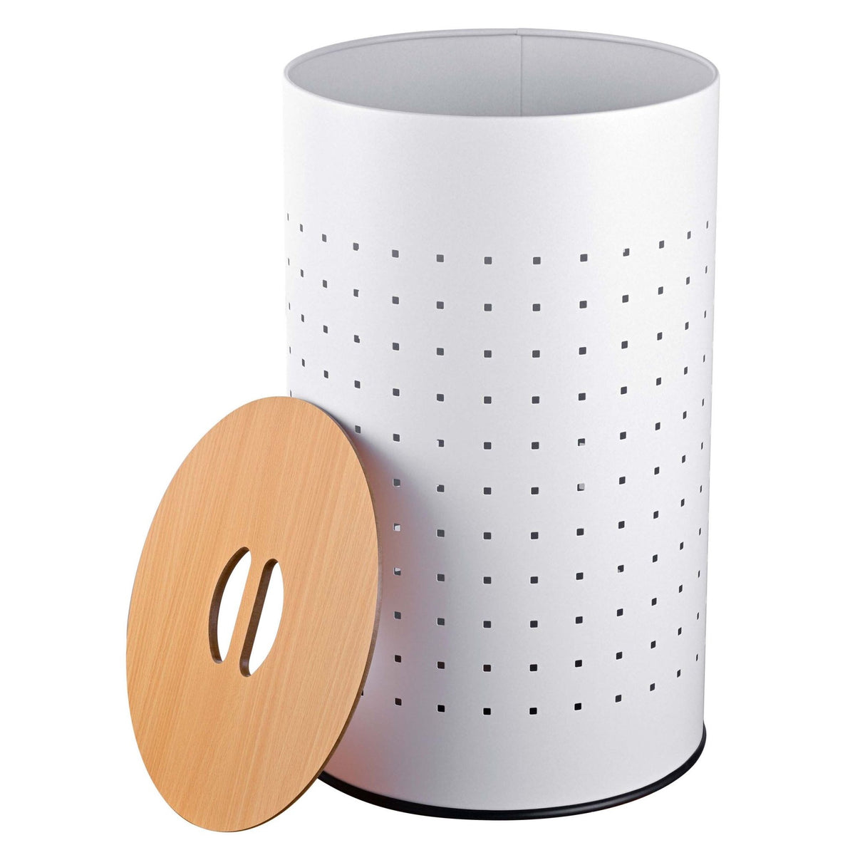 White Metal Laundry Bin with Wood Lid, 50L Capacity