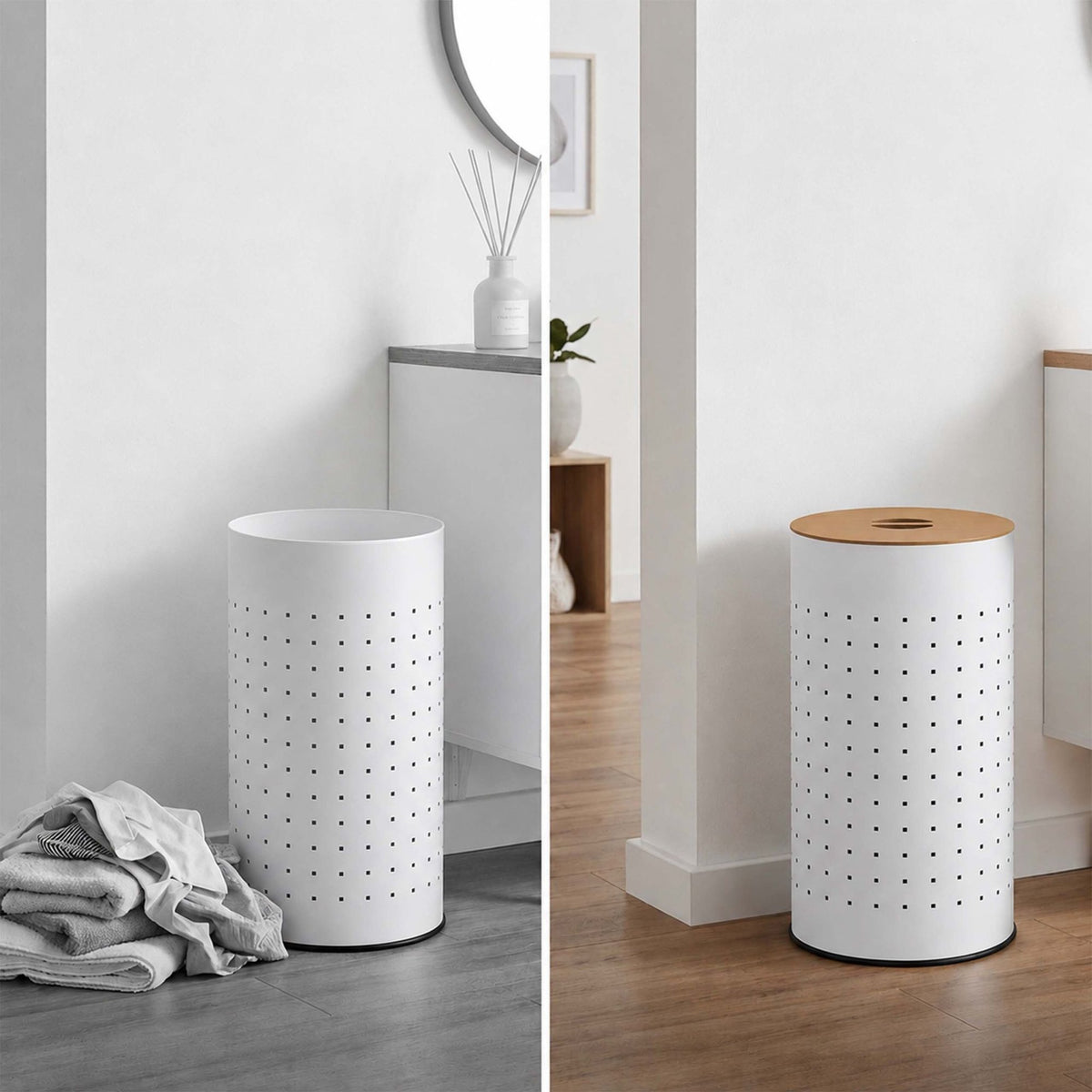 White Metal Laundry Bin with Wood Lid, 50L Capacity