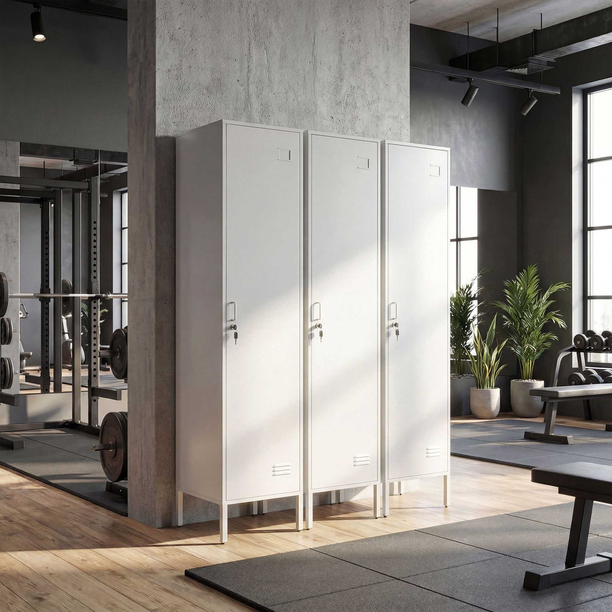 White Metal Wardrobe with Lockable Door and Clothes Rail