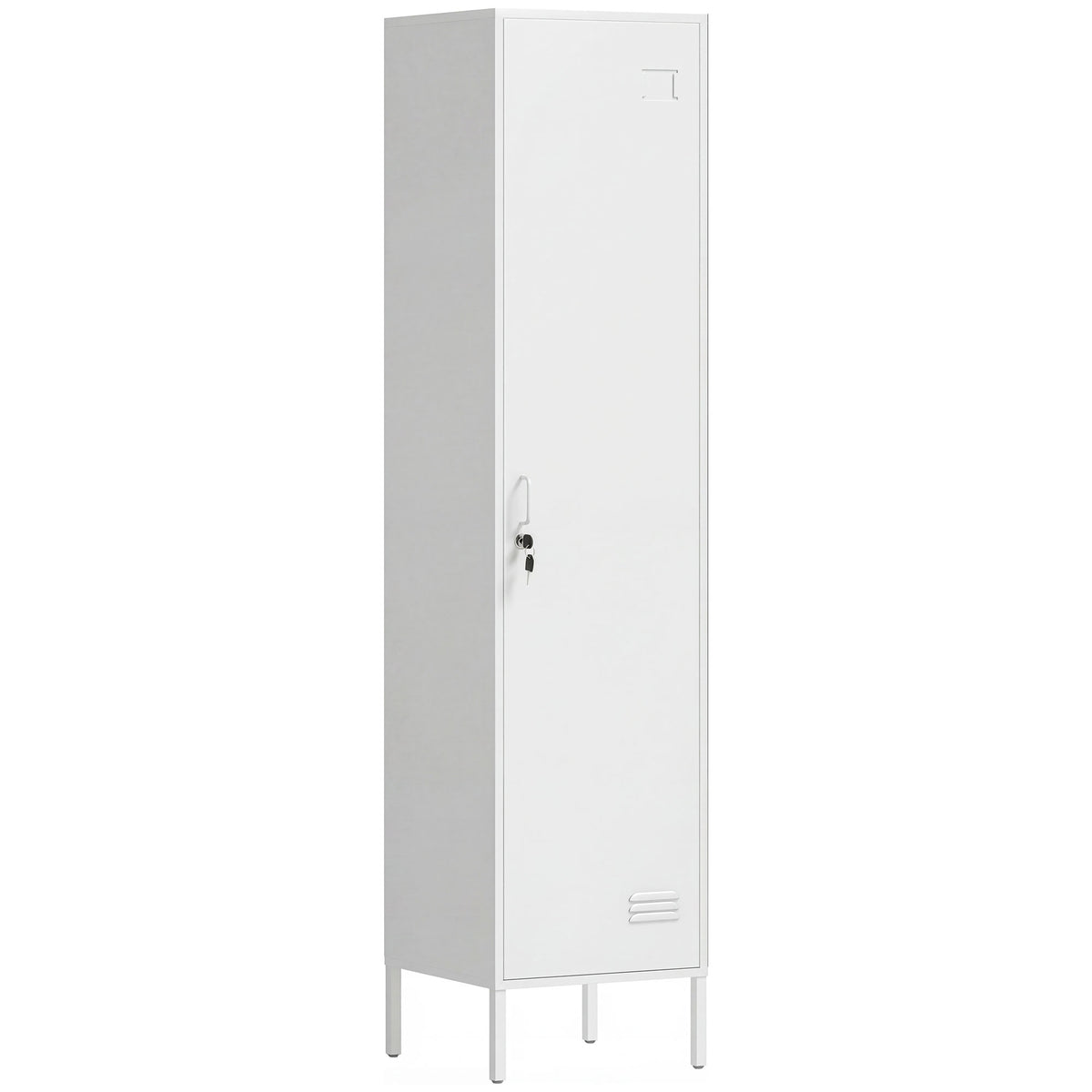 White Metal Wardrobe with Lockable Door and Clothes Rail
