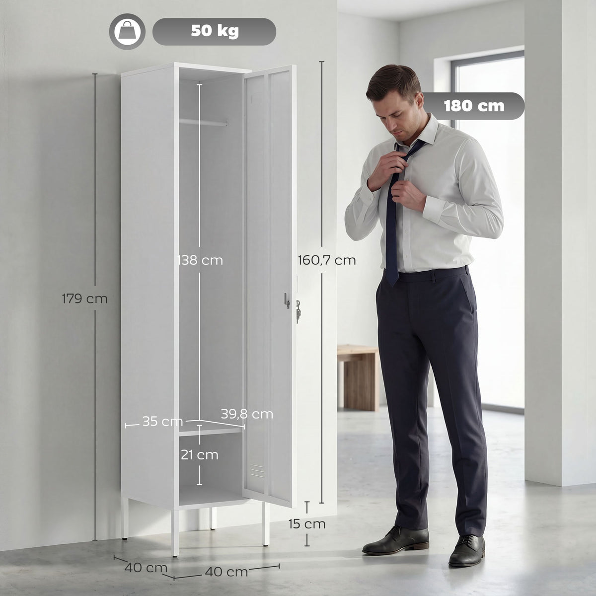 White Metal Wardrobe with Lockable Door and Clothes Rail