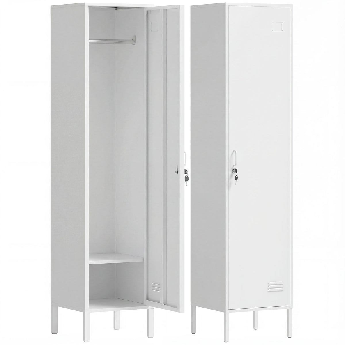 White Metal Wardrobe with Lockable Door and Clothes Rail
