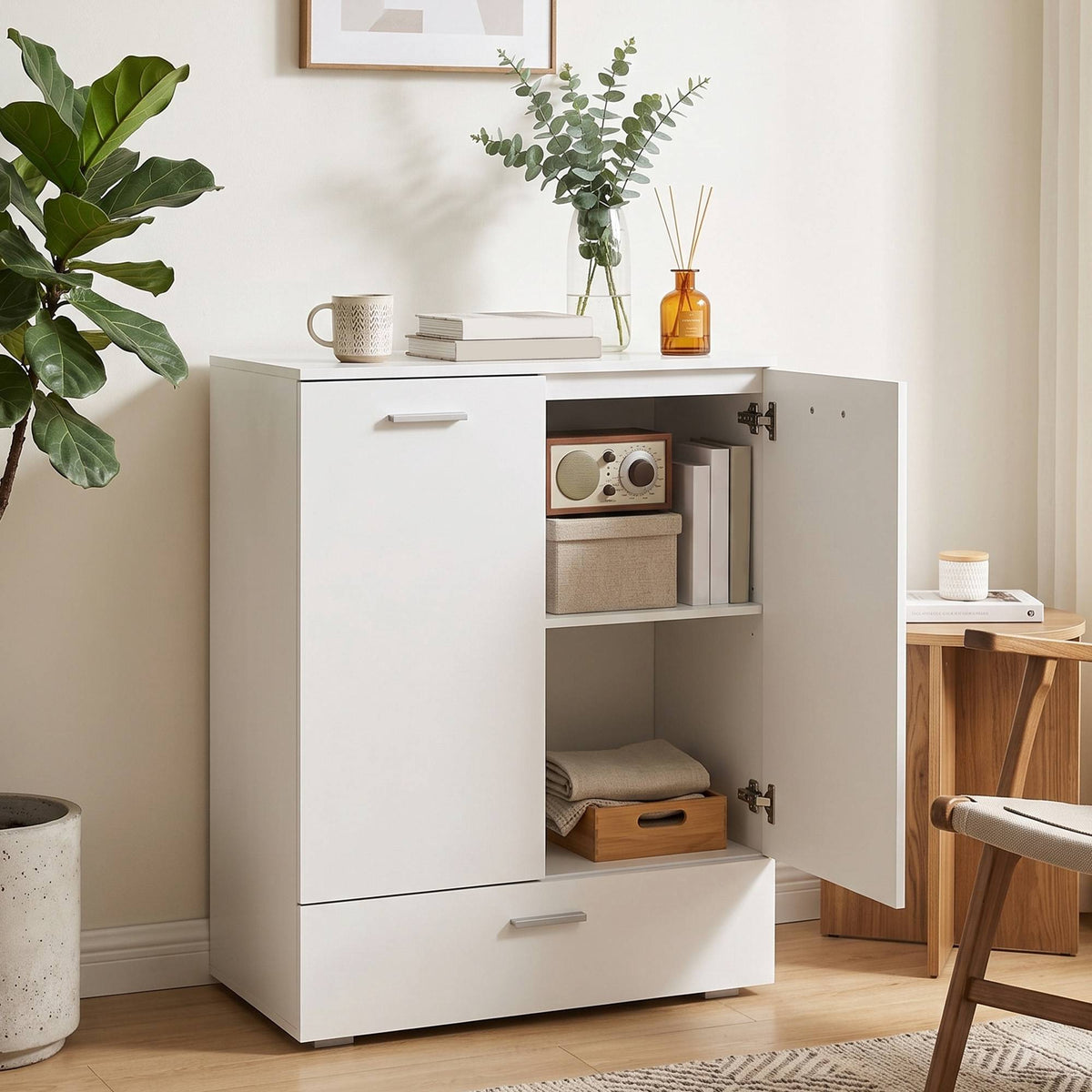 White Modern Sideboard with Drawer and Adjustable Shelf