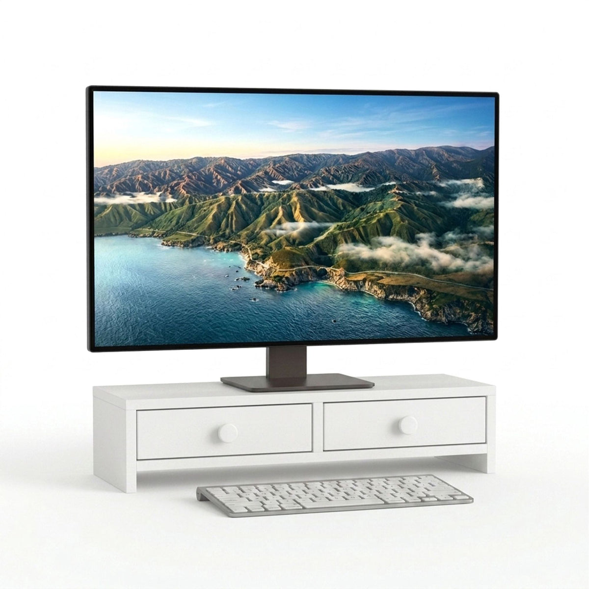 White Monitor Riser with 2 Drawers, MDF Material