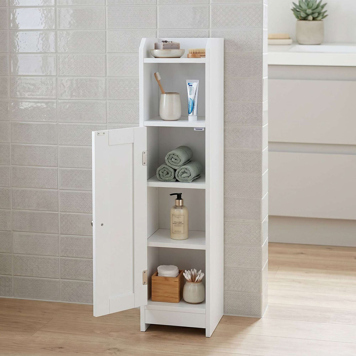 White Narrow Bathroom Cabinet with Adjustable Shelves