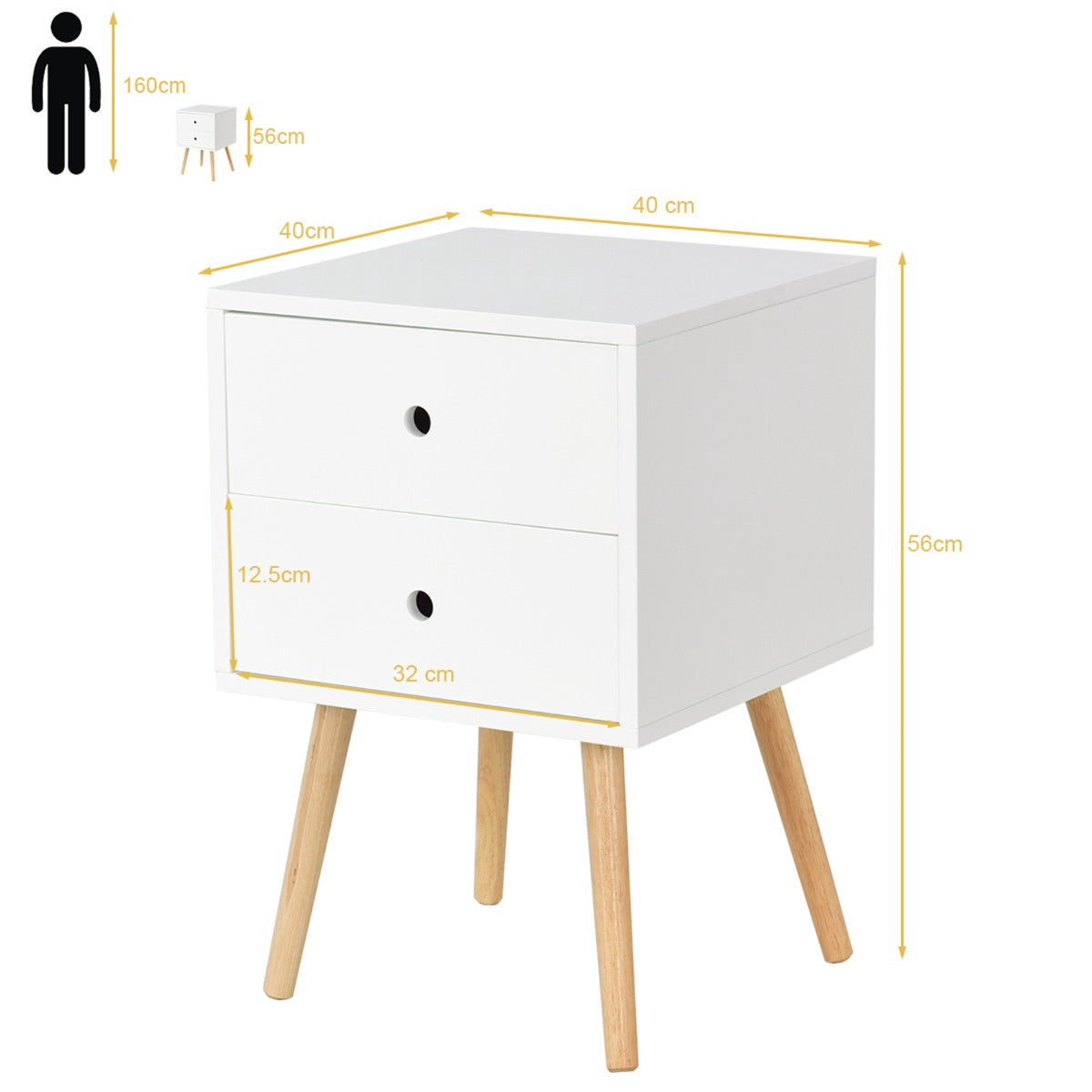 White Nightstand With 2 Drawers, Oak Legs