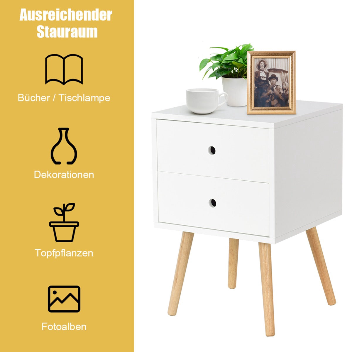 White Nightstand With 2 Drawers, Oak Legs