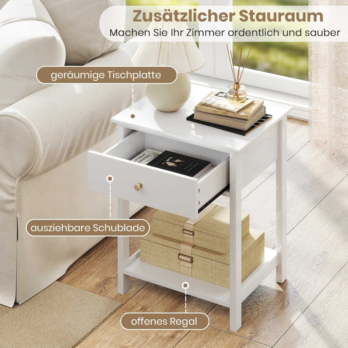 White Nightstand with Drawer & Open Shelf – 48x40x58 cm