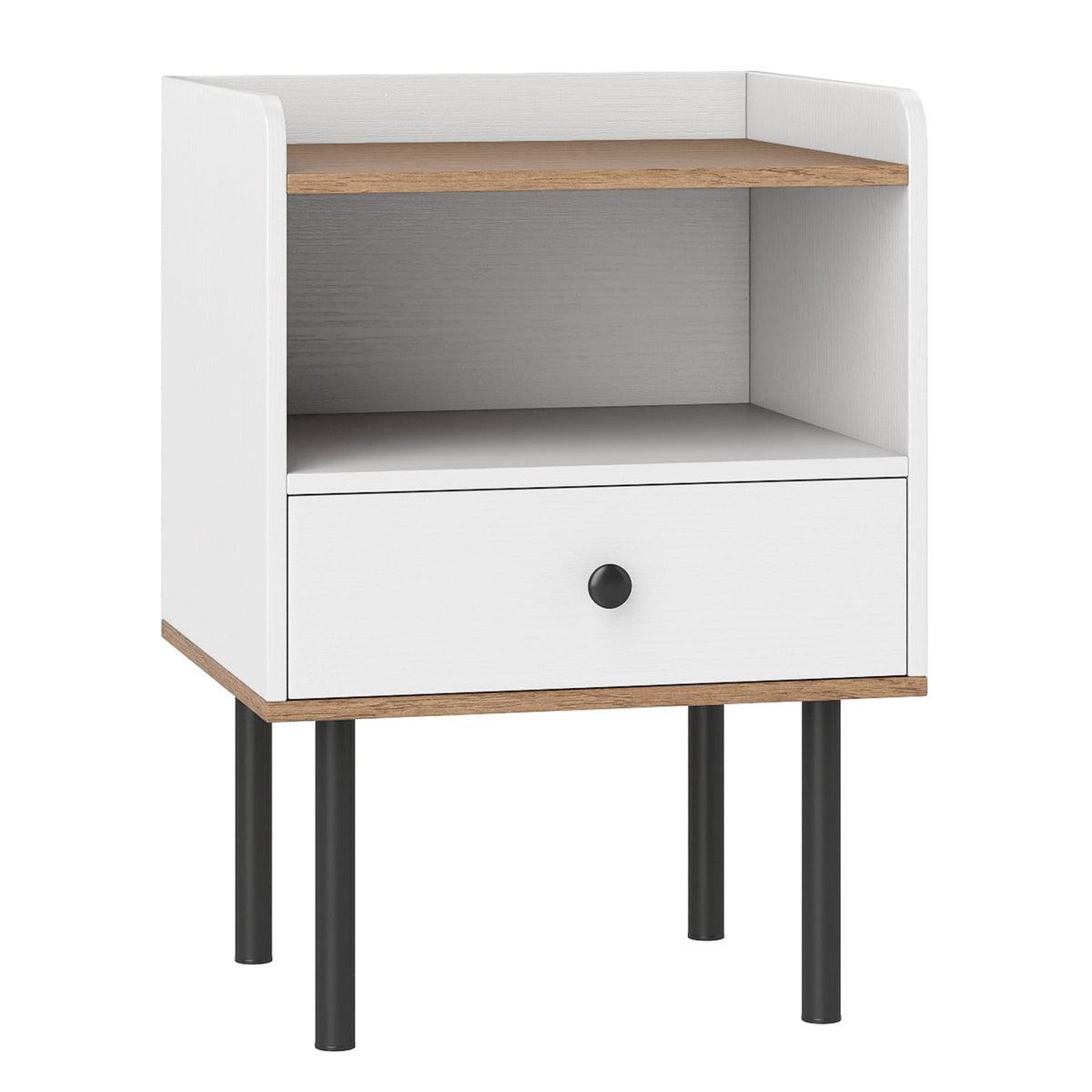 White Nightstand with Drawer & Open Shelf, Metal Legs