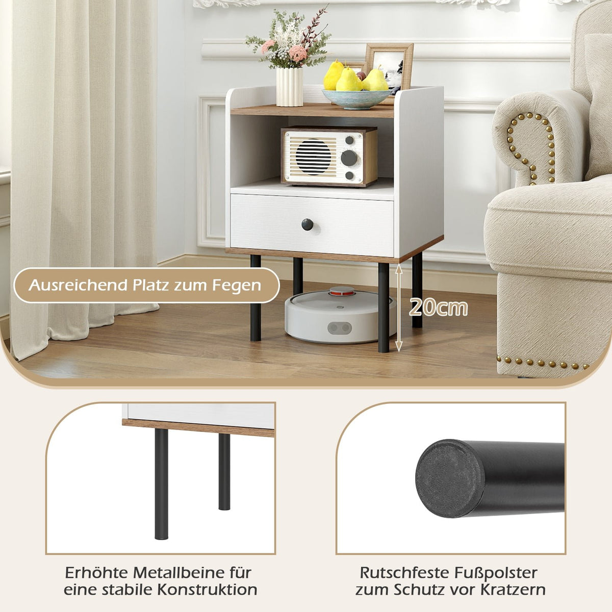 White Nightstand with Drawer & Open Shelf, Metal Legs