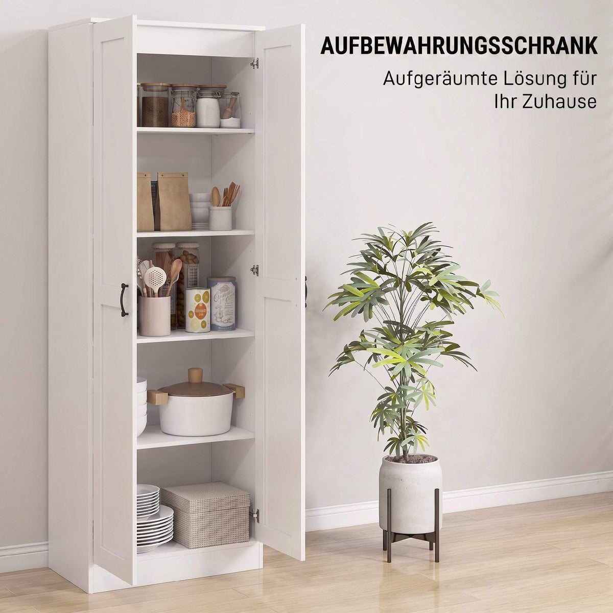 White Pantry Cabinet with Adjustable Shelves, 175 cm