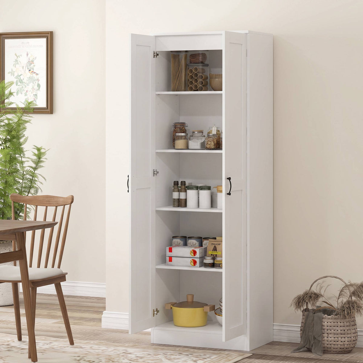 White Pantry Cabinet with Adjustable Shelves, 175 cm