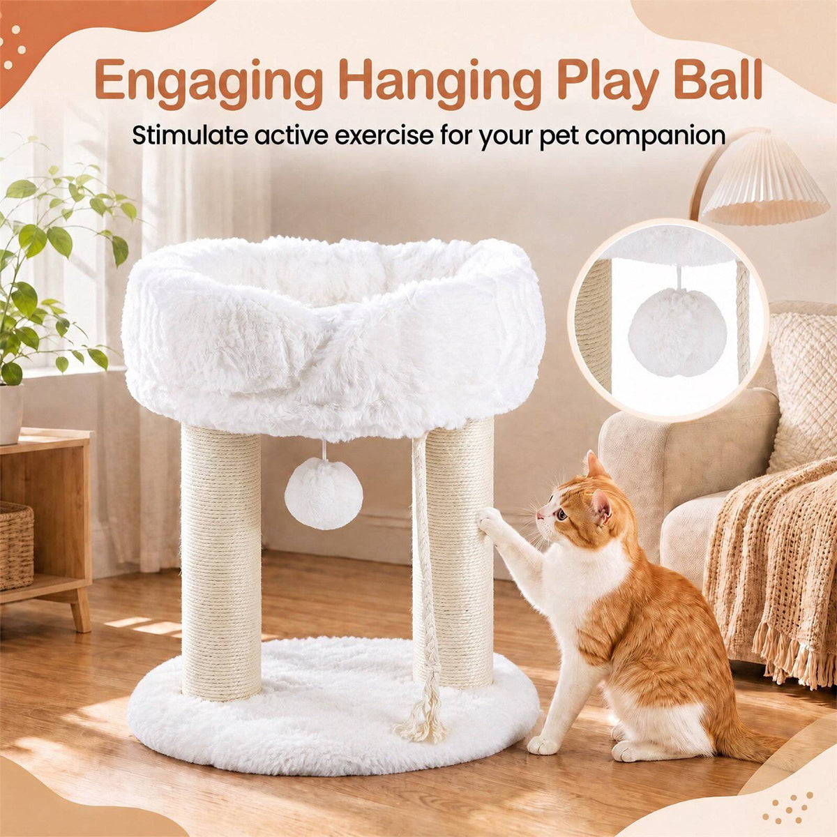 White Plush Cat Tree with Sisal Posts, 40 x 40 x 50.5 cm