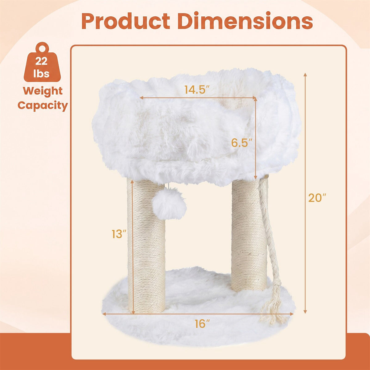 White Plush Cat Tree with Sisal Posts, 40 x 40 x 50.5 cm