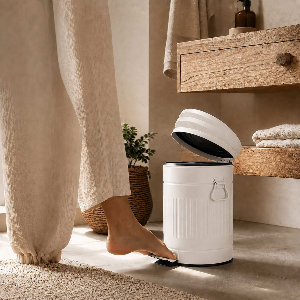 White Retro Bathroom Pedal Bin, 5 Litre Capacity