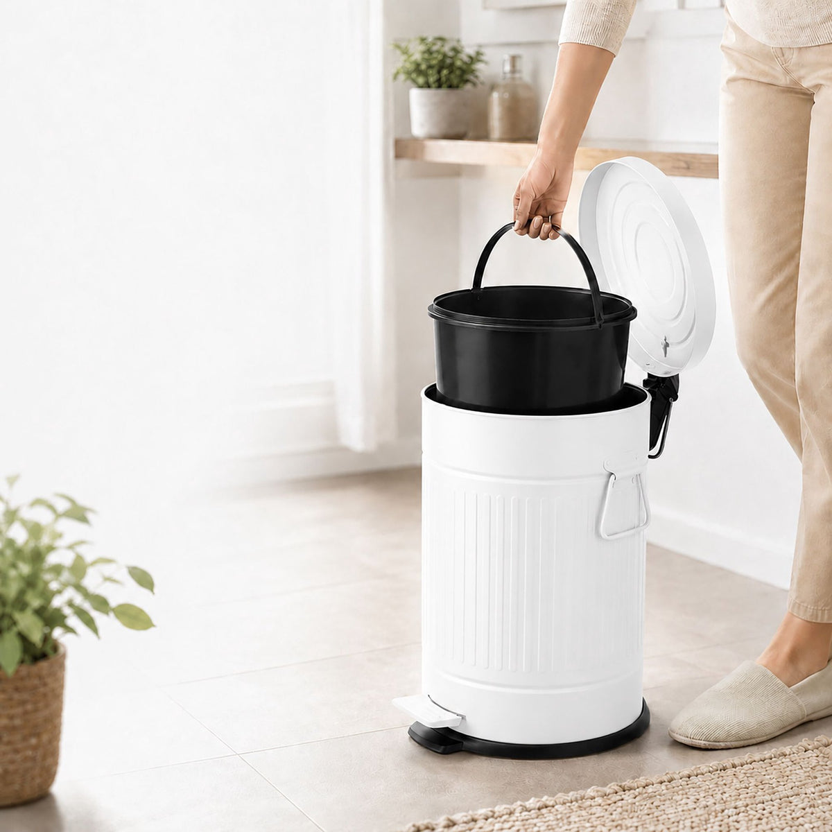 White Retro Pedal Bin, 20L Capacity, Soft-Close Lid