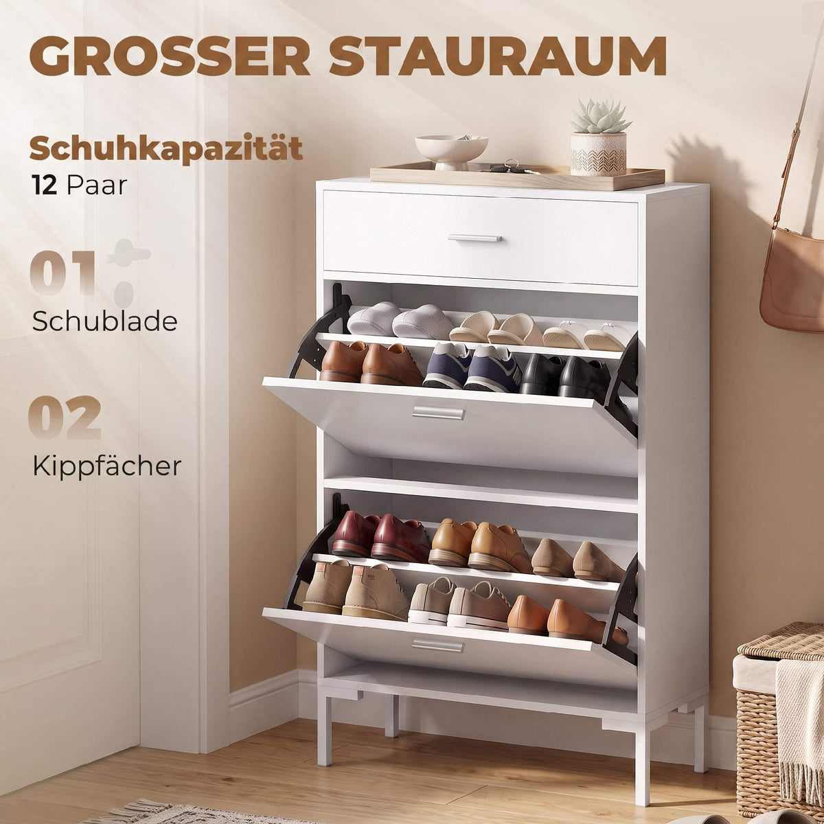 White Shoe Cabinet for 12 Pairs with Adjustable Shelves