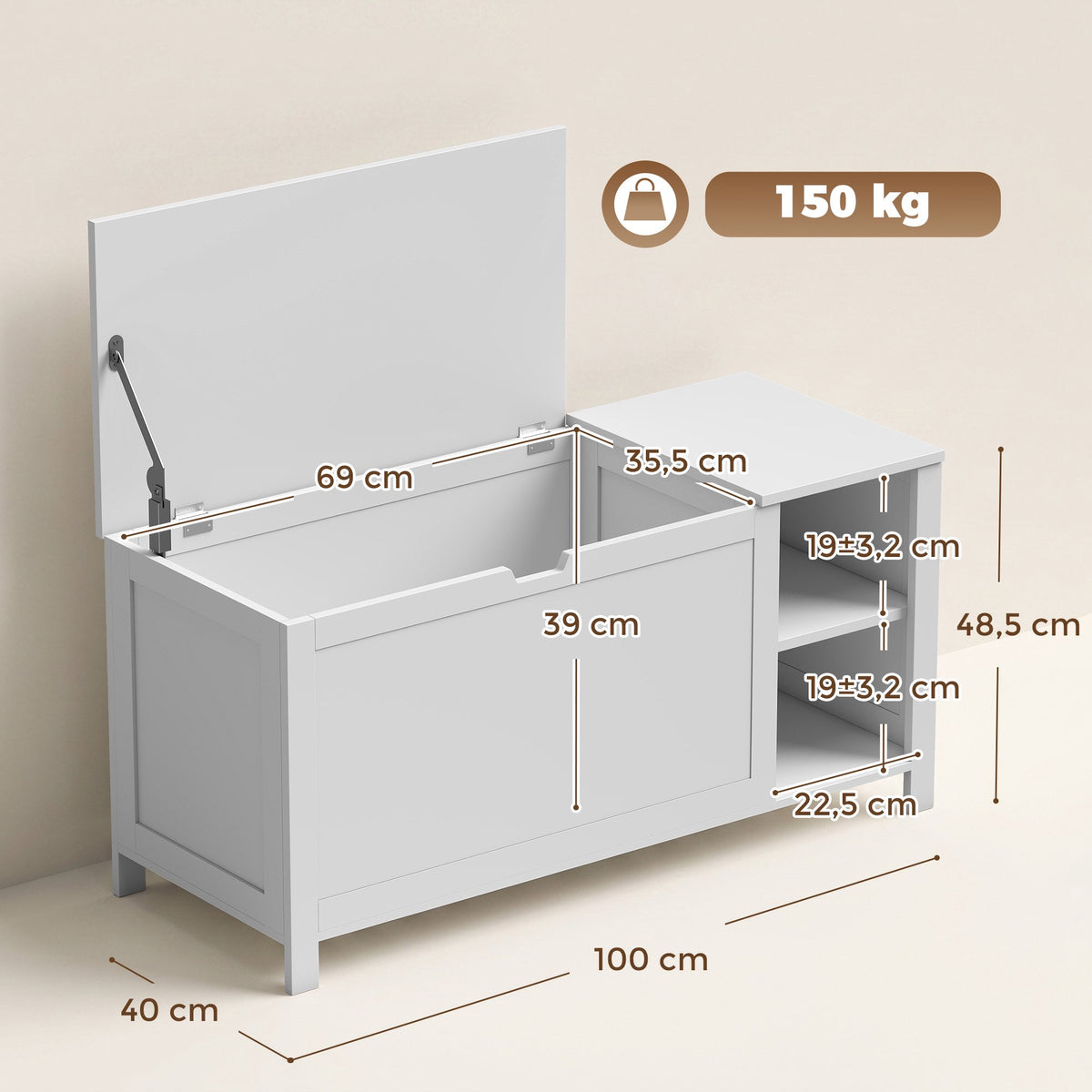 White Shoe Storage Bench with Adjustable Shelf and Seat