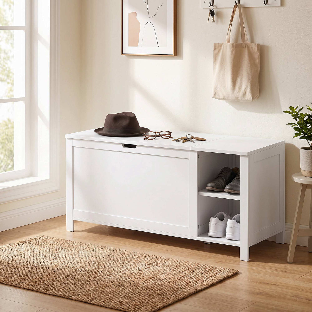 White Shoe Storage Bench with Adjustable Shelf and Seat