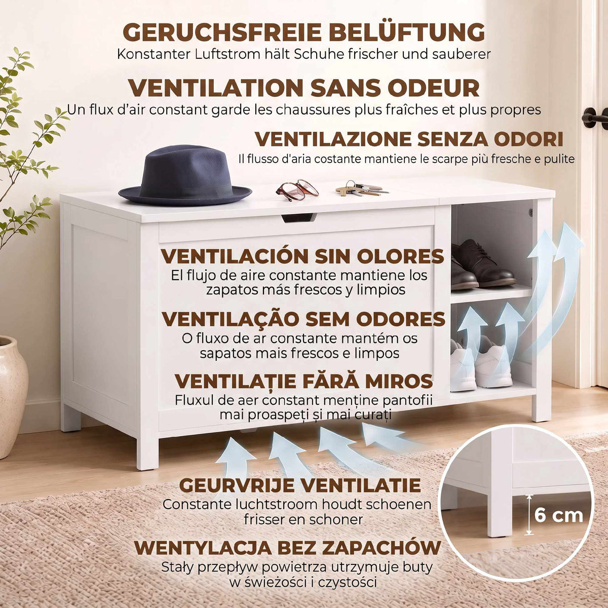 White Shoe Storage Bench with Adjustable Shelf and Seat