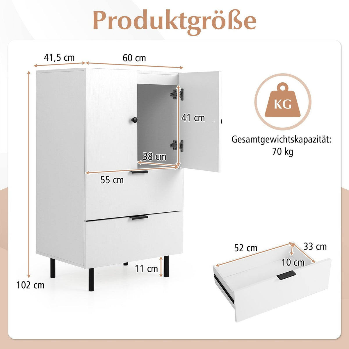 White Sideboard with Metal Legs, Drawers & Doors, 60x41.5x102 cm