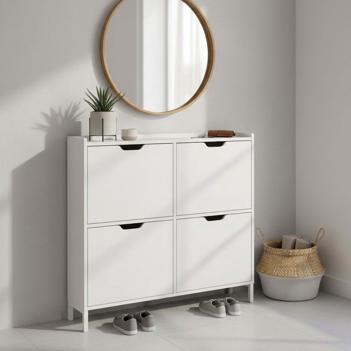 White Slim Shoe Cabinet with 4 Compartments, Space-Saving